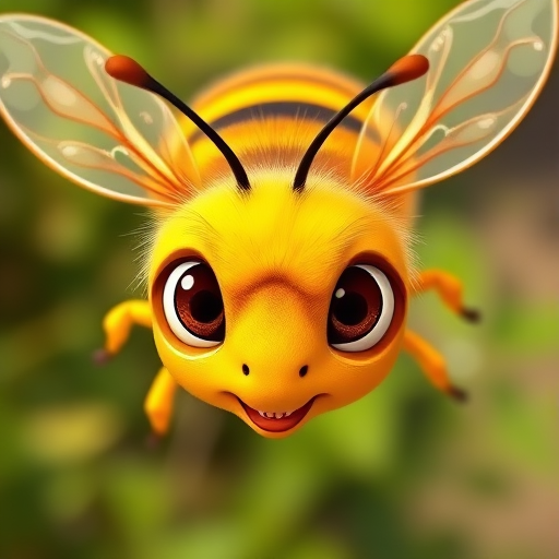 Create a high-resolution illustration of a cartoon bee with vibrant yellow and orange colors, capturing detailed wing textures and expressive eyes, using a DSLR camera with a 50mm lens, aperture set to f/2.8, shot in natural light from a top-down perspective for enhanced clarity and depth.