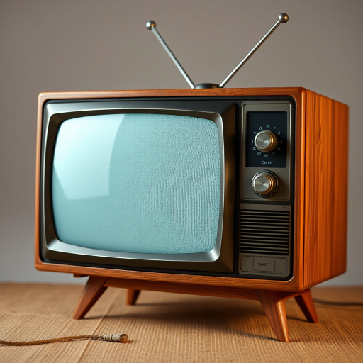 create a detailed vintage television set design with a wooden frame, textured fabric beneath the screen, soft studio lighting, DSLR camera, f/4 aperture, ISO 100, 50mm lens, focus on texture and detail, high resolution