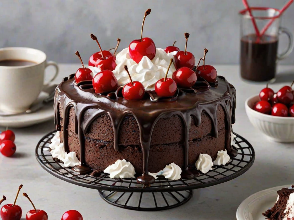 Create a decadent chocolate cake topped with whipped cream, chocolate curls, and bright red cherries. The cake should have a rich, moist texture and be presented on a simple wire rack. Include a soft, neutral background to highlight the cake's details.