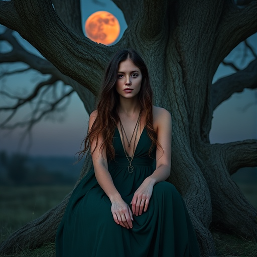 Create a portrait of a melancholic woman with long wavy hair sitting against a gnarled tree, wearing a flowing dark green dress, adorned with necklaces, under a blood-red moon in a twilight sky, using a Canon EOS R5 camera, 50mm lens, f/1.8 aperture, ISO 100, with soft focus and a shallow depth of field to enhance background blur.