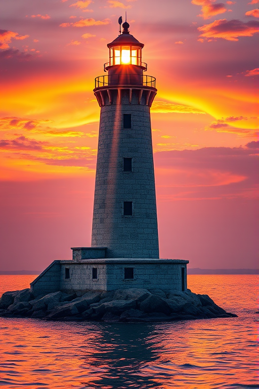 Generate an image of a tall lighthouse perched on a rocky outcrop surrounded by calm ocean waters during a breathtaking sunset. The lighthouse stands sturdy and weathered, its stone surface illuminated by the warm golden light of the setting sun. The sun's rays pass directly through the glass lantern room at the top of the lighthouse, casting a brilliant light across the scene. The sky is painted with vibrant shades of orange, pink, and purple, reflecting off the tranquil sea. The surrounding water shimmers with the same warm hues, creating a serene and majestic atmosphere.