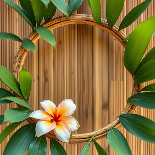 Create an image of a circular bamboo frame adorned with green leaves and a plumeria flower, shot with a Canon EOS R5, 50mm lens, f/2.8 aperture, ISO 100, in natural lighting and a shallow depth of field for enhanced detail and clarity.