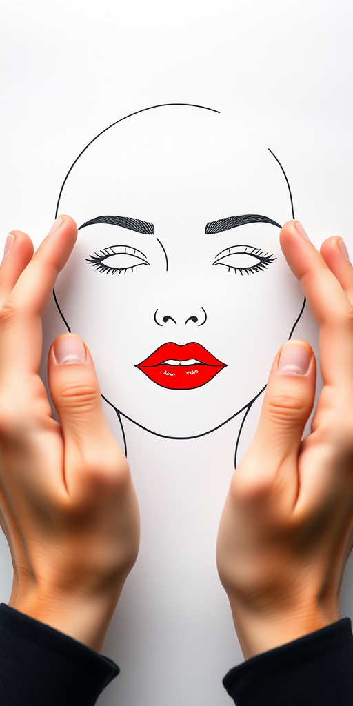 A minimalist line drawing of a face with red lips framed by two hands, shot with a Canon EOS R5, 85mm lens, f/1.8 aperture, ISO 100, in a bright studio setting with soft lighting for enhanced contrast and clarity.