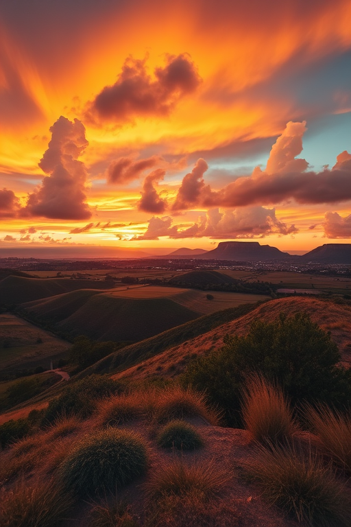 Generate a high-resolution image of a picturesque landscape during golden hour with vibrant colors and dramatic clouds, captured with a Canon EOS R5, 24mm f/1.4 lens, ISO 100, shutter speed 1/125s, wide-angle view, and soft focus style.