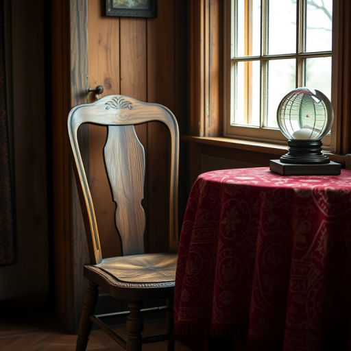 A cozy interior scene featuring a vintage wooden chair next to a table with a red patterned tablecloth and a crystal ball on top, shot with a Canon EOS 5D Mark IV, 50mm lens, f/1.8 aperture, ISO 200, in natural light from a window, focusing on rich textures and warm tones.