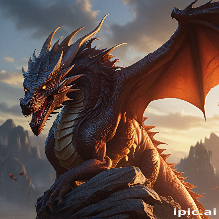 Majestic Dragon Perched on Rocky Outcrop Under a Dramatic Sky at Dusk.