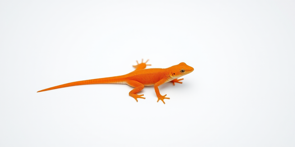 Create an image of a stylized orange lizard on a plain background, using a Canon EOS R5 with a 50mm f/1.8 lens at ISO 200, aperture f/8, shutter speed 1/200s, shot from a slightly elevated angle in natural light for enhanced detail and clarity.