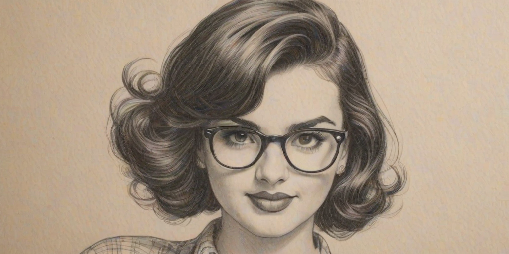 Alluring Rebecca Black, pencil sketch, portrait of Fetching woman 1936s in glasses, hair style beatnik, outline, clear lines, fine lines, 8k