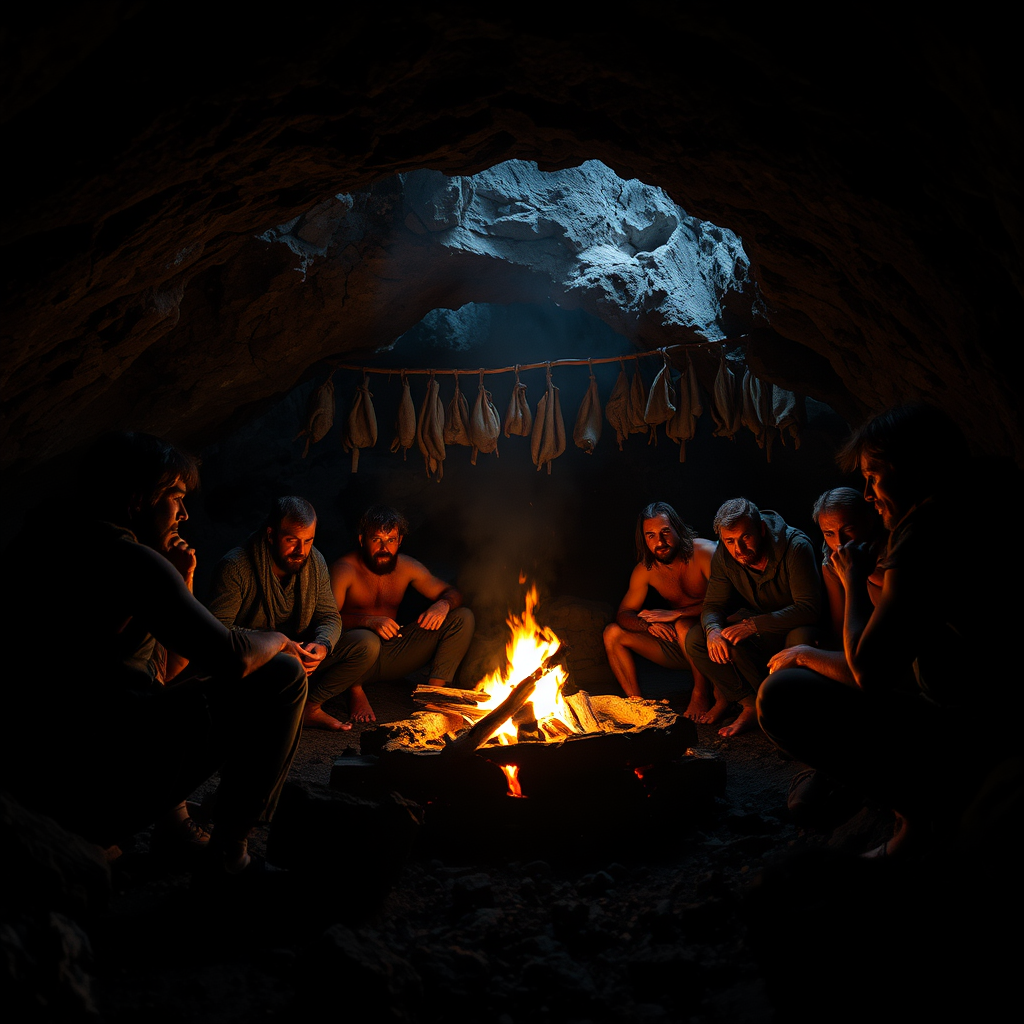A dimly lit cave scene depicting a group of rugged individuals gathered around a flickering campfire, shadows dancing on the rocky walls, with hanging skins in the background, taken with a Canon EOS R5, 24mm lens, f/2.8, ISO 800, 1/60 sec, in a low-angle shot for dramatic effect, achieving a cinematic and atmospheric quality.