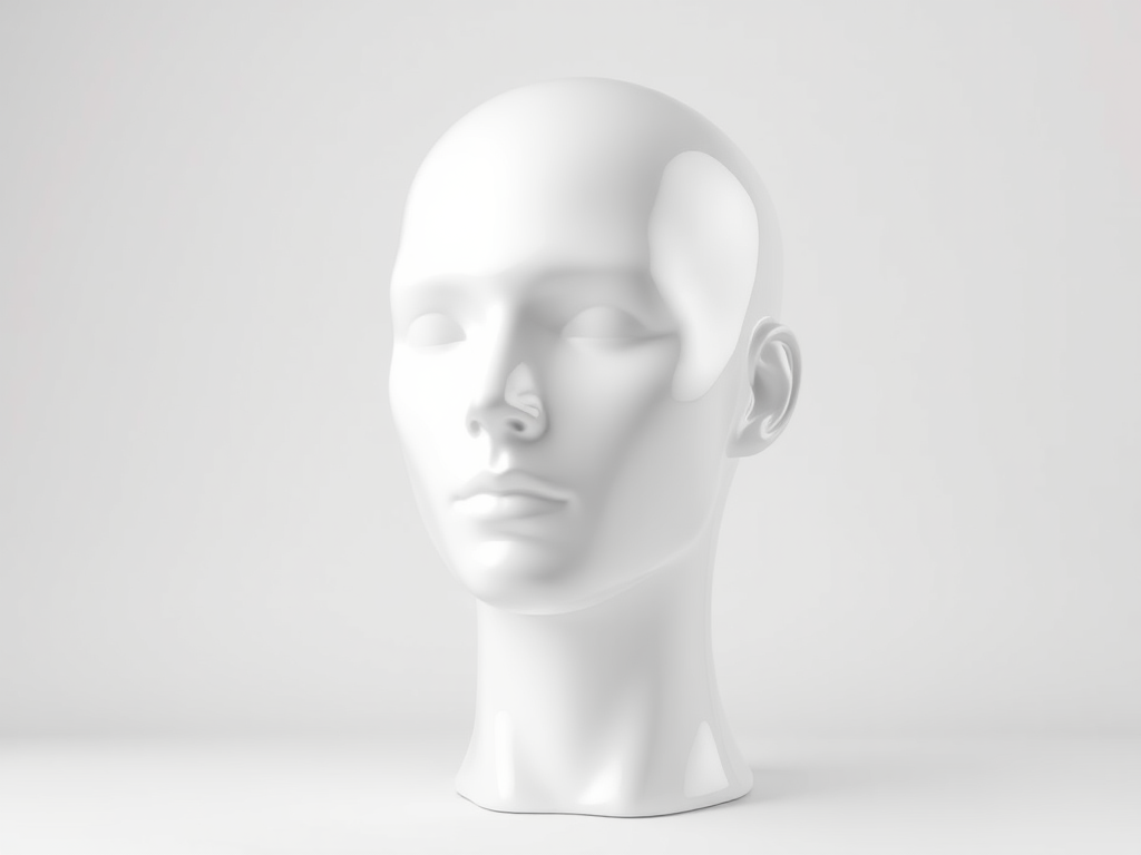 Create a hyper-realistic 3D render of a white mannequin head, with a clean background, using a DSLR camera type, f/2.8 aperture, ISO 100, 50mm lens, and soft diffused lighting to enhance detail and texture.