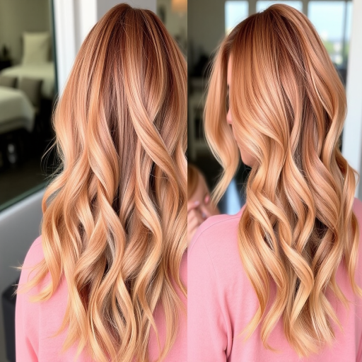 Soft rose gold waves cascading down to the mid-back, styled in loose beach curls with subtle hints of peach and champagne tones, creating a romantic and sun-kissed glow named Blush Sunset