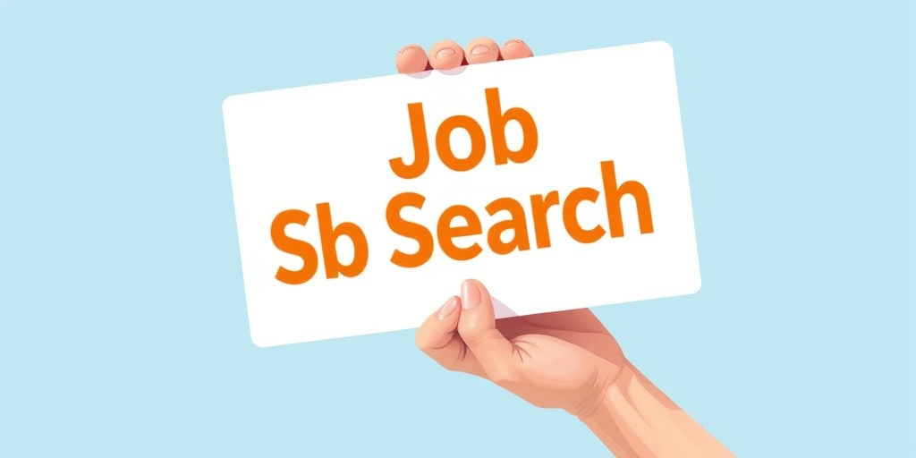 Create an illustration of a hand holding a sign that says "Job Search" in bold orange letters on a light blue background, using a digital art style with a soft gradient, captured in a high-resolution format; use a Canon EOS 5D Mark IV, ISO 100, aperture f/8, shutter speed 1/250s, with a focus on vibrant colors and clarity.