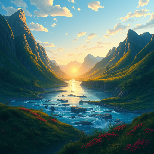 Create a detailed and vibrant illustration of a fantasy landscape featuring lush mountains, a flowing river, and a clear blue sky during golden hour with soft lighting, using a DSLR camera, 50mm lens, f/1.8 aperture, 1/200 shutter speed, and ISO 100 for optimal sharpness and depth of field.