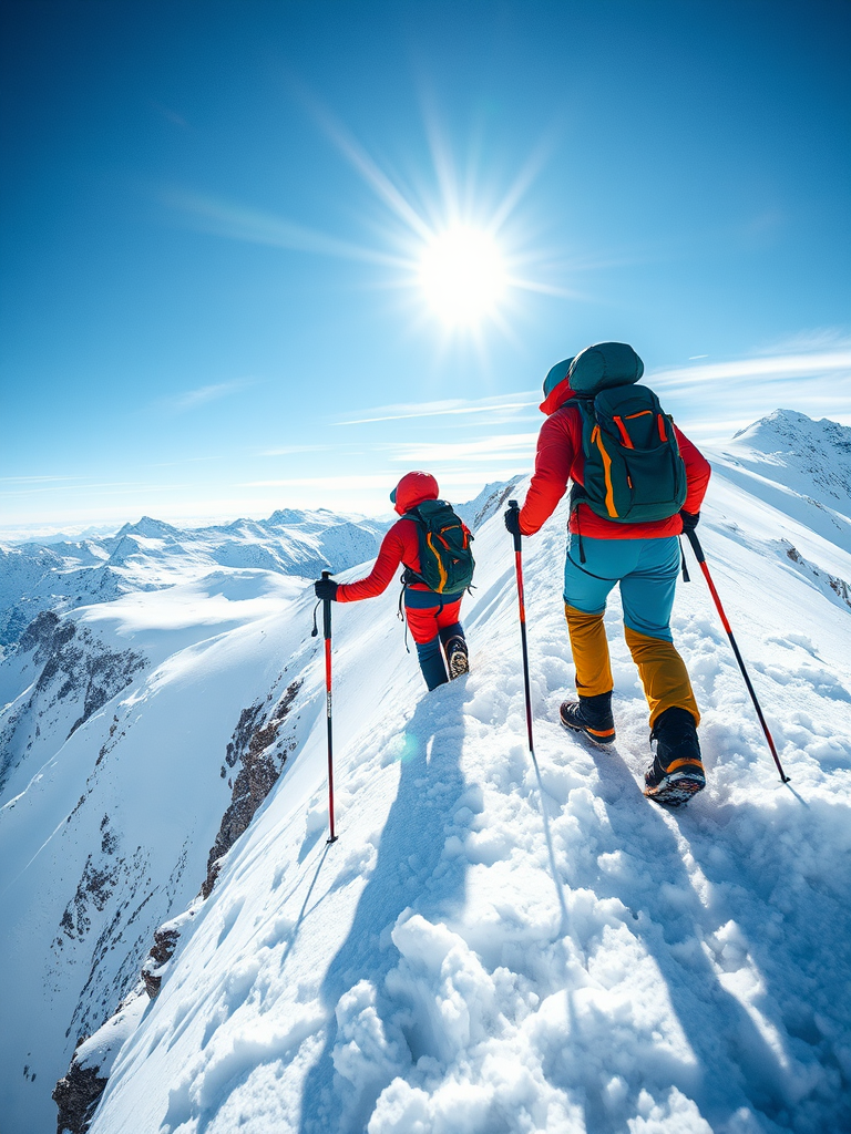 Capture a scene of two climbers ascending a snowy mountain, dressed in vibrant winter gear, one in the foreground with a backpack and poles, the other in the background, bright sunlight and blue sky overhead, shot with a DSLR camera at f/8, ISO 100, 1/500s, wide-angle lens, focus on the climbers with a shallow depth of field to blur the background slightly.