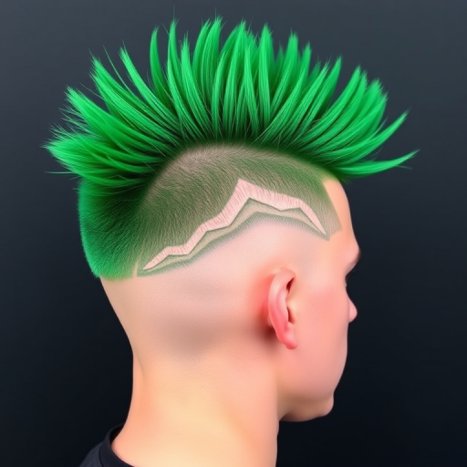 Bold emerald green mohawk called "Verdant Rebel" stands tall with shaved sides, featuring intricate geometric patterns etched into the scalp for a daring and edgy appearance