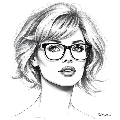 Beautiful Charlize Theron, pencil sketch, portrait of beautiful woman 60s in glasses, hair style beatnik, outline, clear lines, fine lines, 8k