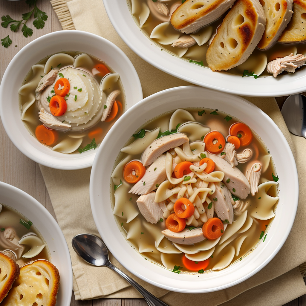 chicken noodle soup over mashed potatoes