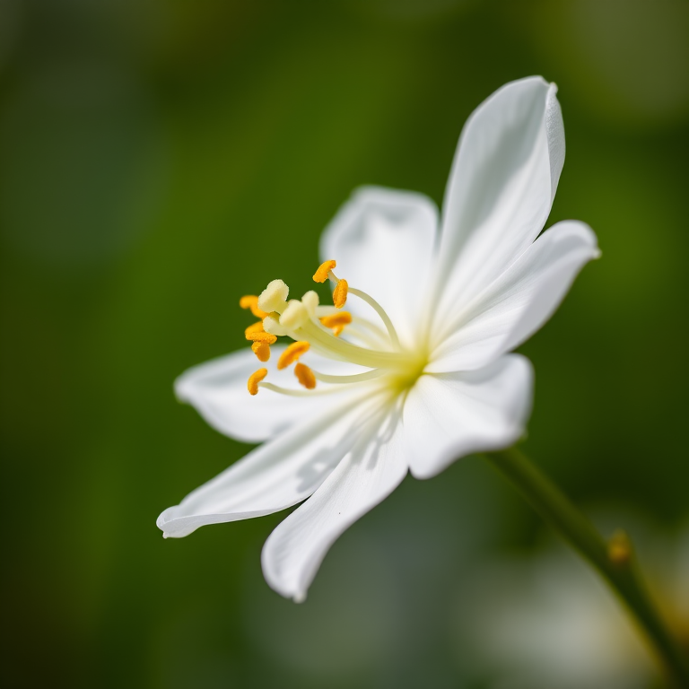 Macro shot of a white flower with yellow stamen against a blurred green background, f/2.8, ISO 100, 1/200s, 50mm lens, natural light, DSLR camera.
