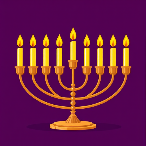 Create a high-resolution illustration of a menorah with nine candle holders, golden color, flame-tipped candles, set against a solid dark purple background, using a Canon EOS R5, aperture f/8, shutter speed 1/60s, ISO 100, in a flat lay perspective with a vibrant and clean vector style.