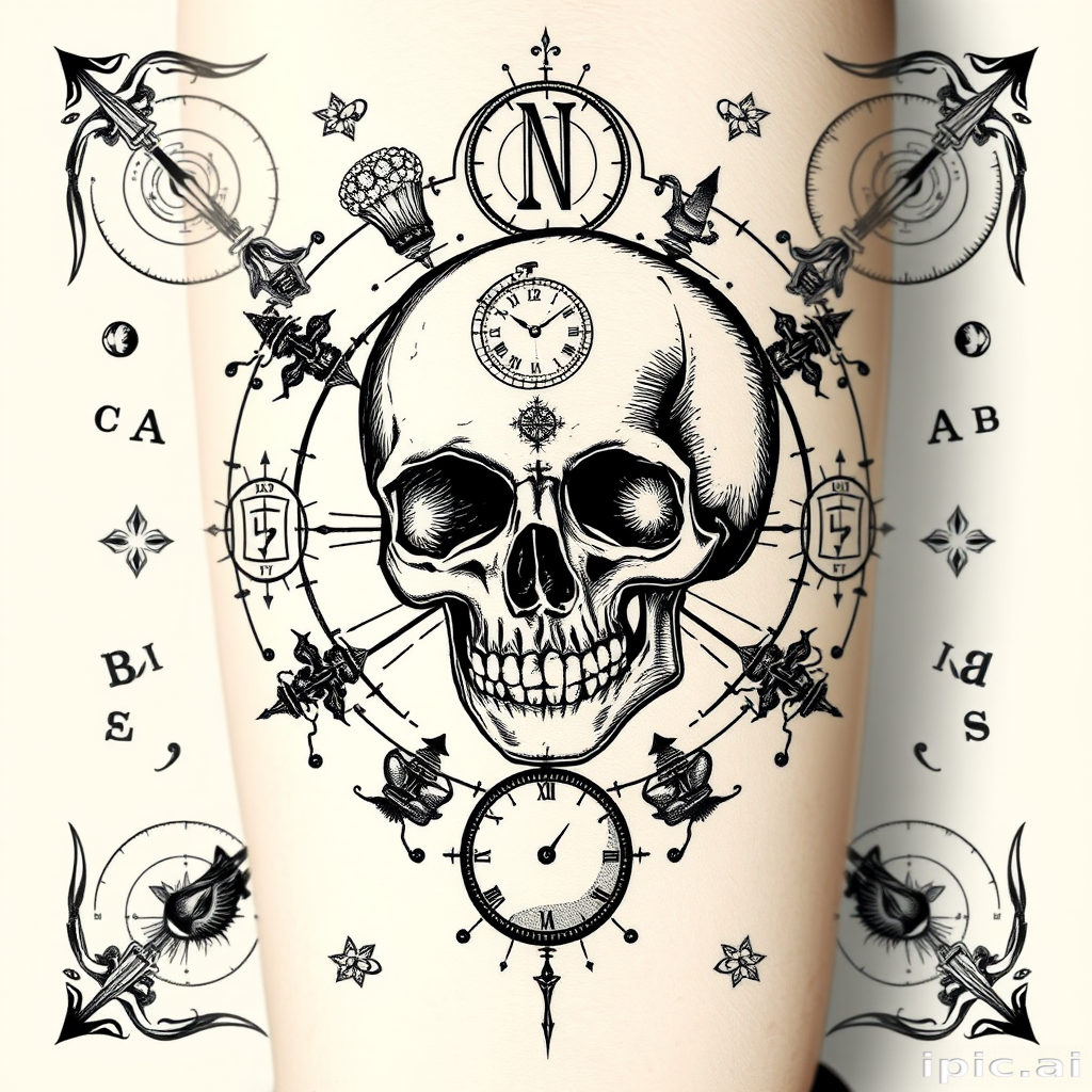Etching-style tattoo called "Memento Mori" featuring a detailed skull surrounded by symbols of mortality and the passage of time, rendered entirely in fine black lines to mimic engraved illustrations