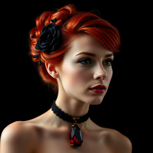 A young woman with bright red hair styled in a voluminous updo adorned with black floral accents, wearing a black choker with a large red gemstone pendant, looks off to the side with a slightly pensive expression, her face softly lit against a dark background.  The image is composed as a portrait, shot from a close-up perspective, with the subject filling most of the frame.  The woman's skin appears fair and flawless, with a subtle glow.  The overall atmosphere is elegant and slightly dramatic.