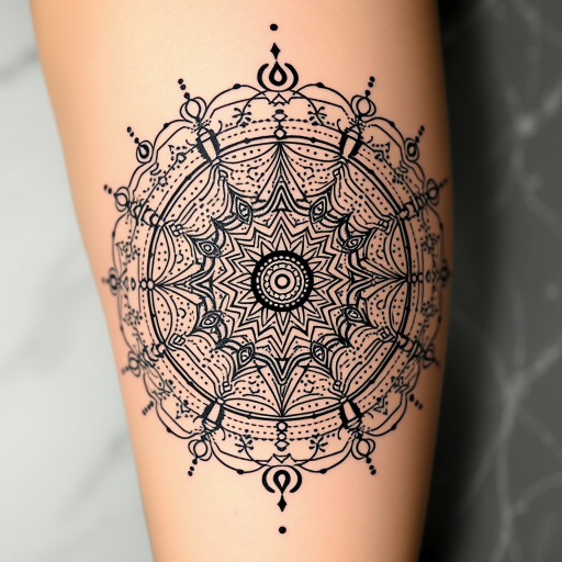 Dotwork mandala tattoo dubbed "Cosmic Constellation" using thousands of meticulously placed dots to form intricate circular patterns resembling celestial bodies and sacred geometry