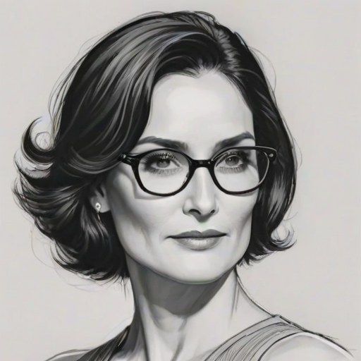 Splendid Carrie-Anne Moss, pencil sketch, portrait of Splendid woman 1935s in glasses, hair style beatnik, outline, clear lines, fine lines, 8k