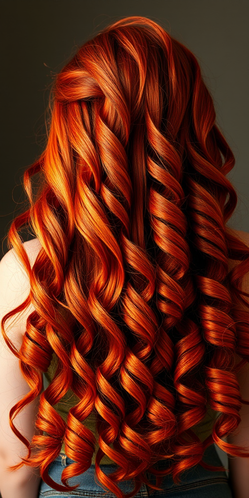 Enchanting portrait captures Copper Flame long hair, rich auburn base with vibrant orange and red highlights, styled in voluminous ringlets cascading down the back