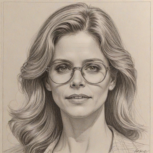 Fascinating Lindsay Wagner, pencil sketch, portrait of Ravishing woman 1976s in glasses, hair style beatnik, outline, clear lines, fine lines, 8k