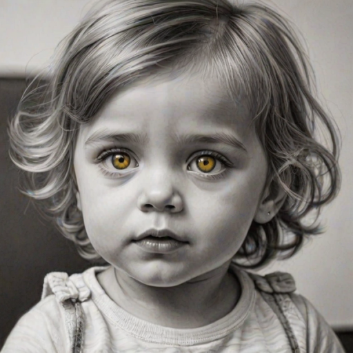 A hyperdetailed photorealistic black and white sketch of a beautiful toddler with deep Yellow eyes, with a macro focus