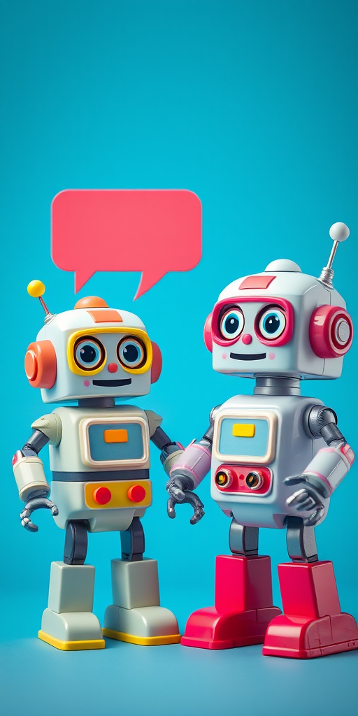 two cute retro robots with colorful speech bubbles in a bright blue background, 50mm lens, f/2.8 aperture, ISO 100, soft diffused lighting, front view, digital camera