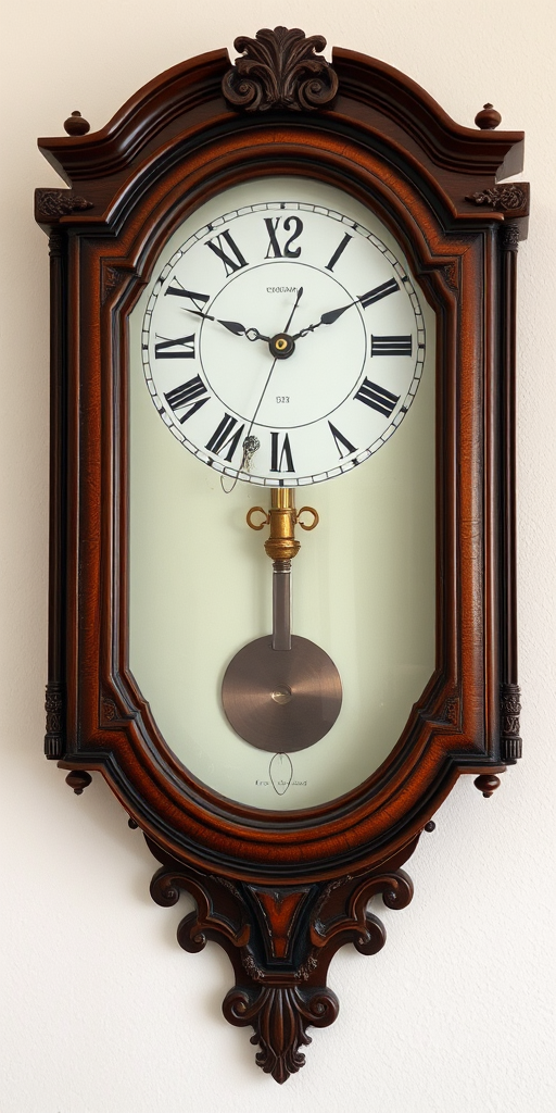 Create an image of an antique wall clock with intricate wooden detailing and a glass front, positioned against a light-colored wall, captured with a Canon EOS 5D Mark IV, 35mm lens, aperture f/8, ISO 100, natural lighting, from a straight-on view to enhance clarity and detail.
