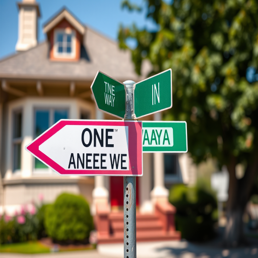 Generate an image of a street sign with two arrows, one pink and labeled "ONE WAY" and the other green and labeled "ANOTHER WAY", with a soft focus background of a quaint house, captured with a DSLR camera, aperture f/2.8, shutter speed 1/250s, ISO 100, in sunny daylight.