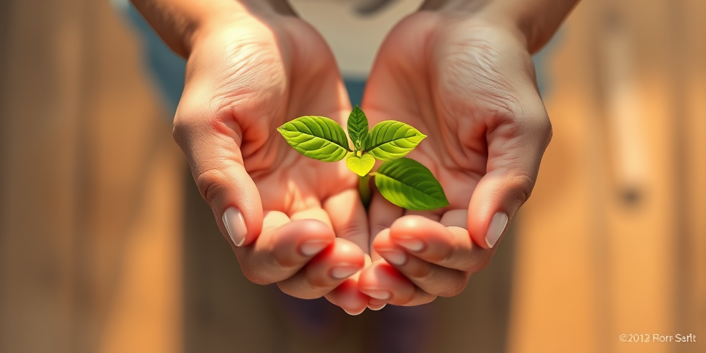 Create an illustration of two hands gently holding a small green plant with leaves, using a high-resolution digital art style, shot from a top-down perspective, simulating macro photography with a shallow depth of field to emphasize the plant, and using soft lighting for a natural, warm effect.