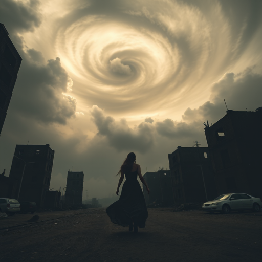 Create a dark, atmospheric scene of a lone figure in a flowing dress walking through a desolate, post-apocalyptic landscape with crumbling buildings and swirling clouds overhead, using a DSLR camera with a 35mm lens, aperture set to f/5.6, ISO 100, capturing a low-angle view to emphasize the dramatic sky and enhance the sense of scale.
