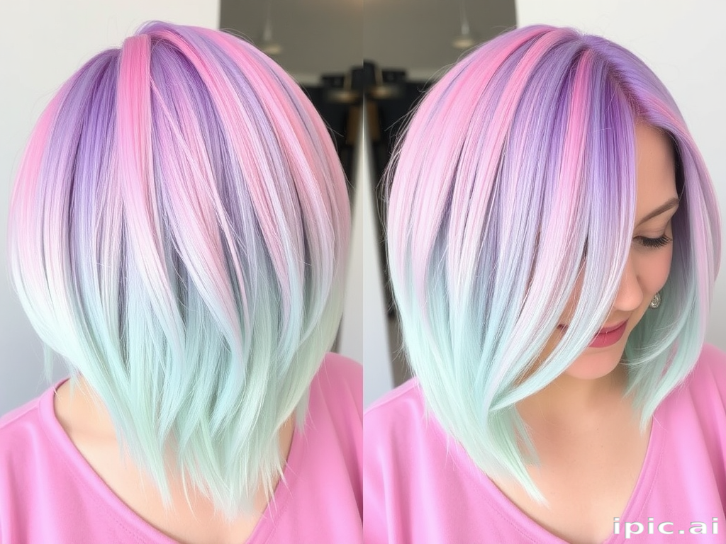 Whimsical Pastel Rainbow Bob combining soft pastel shades of pink lavender mint and baby blue in a perfectly blended short bob haircut with slightly textured ends