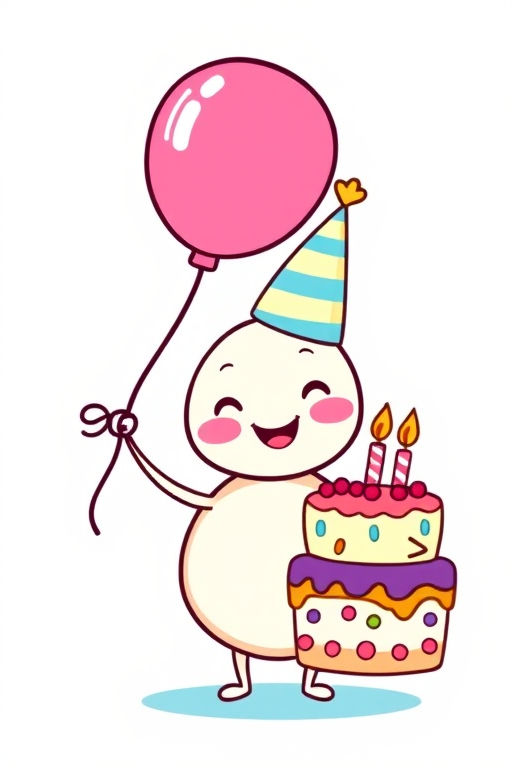 A cute cartoon character with a round body wearing a party hat holding a pink balloon in one hand and a colorful birthday cake with a candle in the other hand, smiling happily, in a simple and cheerful style.