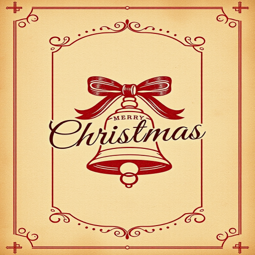 Create a high-resolution vintage Christmas greeting card design featuring elegant typography of "Merry Christmas" with a classic bell illustration, using a soft focus lens, 50mm f/1.8 aperture, in natural light, captured with a DSLR camera at ISO 100.