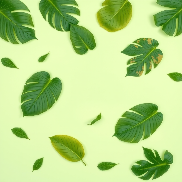 Create an image of tropical leaves scattered on a light green background using a 50mm lens, f/1.8 aperture, ISO 100, top-down view, digital camera style.