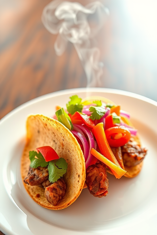 Create a vibrant, high-resolution illustration of a taco on a white plate with steam rising, using a Canon EOS 5D Mark IV, f/4 aperture, 50mm lens, shot from a top-down view, with a soft focus background to enhance the taco's colors and texture.