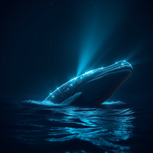 Generate a stunning image of a cosmic whale emerging from dark waters, rich in intricate details and glowing bioluminescence, shot with a Canon EOS R5 at f/1.8, ISO 100, 24mm lens, using a low-angle perspective to enhance its grandeur and depth with dramatic lighting and a dark, ethereal atmosphere.