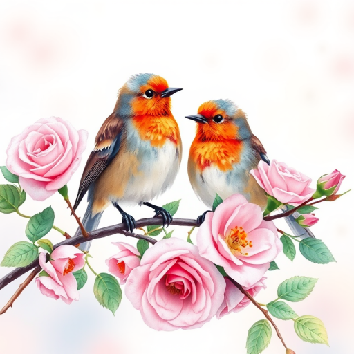 Create a vibrant watercolor illustration of two birds perched on a branch adorned with blooming roses, with soft pastel colors and a light background, captured using a Canon EOS R5 with a 50mm f/1.2 lens at f/2.8, in natural light, with a slight bokeh effect.