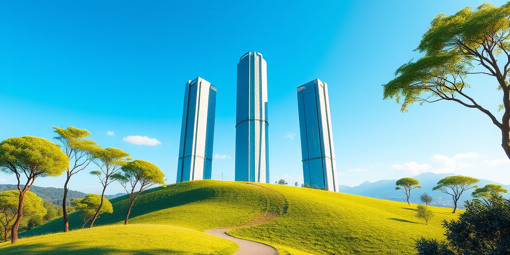 Create a vibrant digital illustration of three tall, modern skyscrapers set against a clear blue sky, surrounded by lush green hills and stylized trees, with a winding pathway leading through the scene, captured with a DSLR camera at f/8 aperture, 1/200s shutter speed, and ISO 100, using a wide-angle lens for depth and clarity.