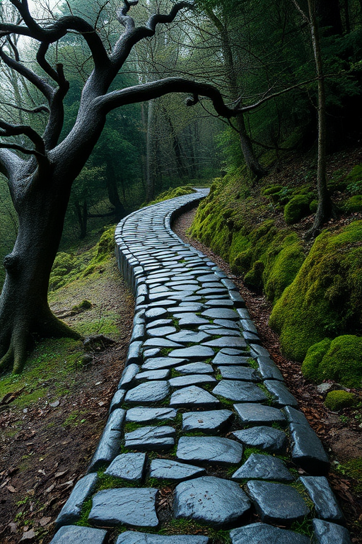 A winding stone path extends into the distance, with a gnarled tree with sparse leaves on its left side and its trunk partially exposed. On the right side is a dense forest covered in moss and vegetation. The entire scene is shrouded in a quiet and mysterious atmosphere, giving a sense of venturing into an unknown world. high-quality image, ultra-detailed, photorealistic painting by greg rutkowski.
