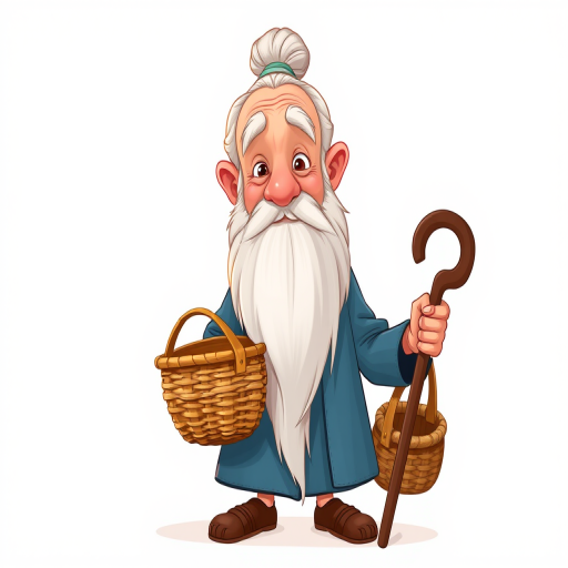Create a vibrant cartoonish illustration of a wise old man with a long white beard and a bun hairstyle, holding a woven basket and a cane, against a soft, light background, using a Canon EOS R5 camera with a 50mm f/1.2 lens, aperture at f/1.8, ISO 100, and a shallow depth of field for enhanced image quality.