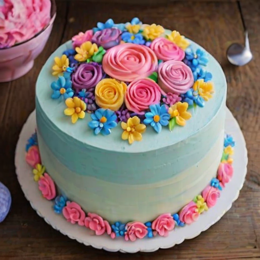 Create an image of a round cake beautifully decorated with an array of colorful buttercream flowers. The cake should have a variety of flowers including roses, daisies, and small blossoms in shades of pink, yellow, blue, and purple, creating a vibrant and lush floral appearance. The cake should be presented on a white decorative plate against a rustic wooden background.