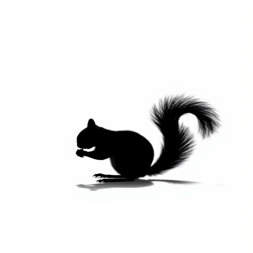 Create a high-resolution silhouette of a squirrel on a white background with soft natural lighting, using a DSLR camera at f/2.8 aperture, ISO 100, 50mm lens, and a side view perspective to capture fine details.
