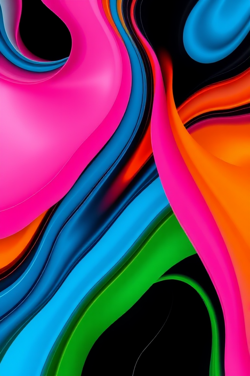 Create an abstract design featuring vibrant, flowing lines in shades of pink, blue, orange, green, and black, using a digital camera with a wide-angle lens at f/8 aperture, ISO 100, and a shutter speed of 1/60 sec, capturing the image from a top-down perspective to enhance the colors and patterns.