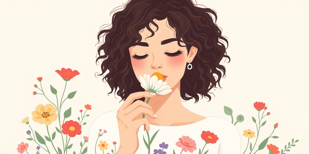 Create a minimalistic illustration of a woman with curly hair gently smelling a flower, surrounded by colorful floral elements, captured in a soft focus style using a DSLR camera at f/2.8, ISO 100, with natural light and a portrait orientation for enhanced vibrancy and detail.