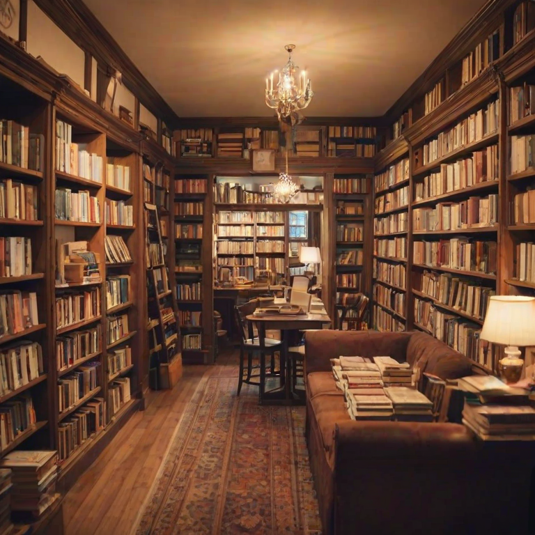 Soft-focus image of a charming bookstore with shelves filled with books, soft light illuminating cozy reading nooks and a welcoming atmosphere.